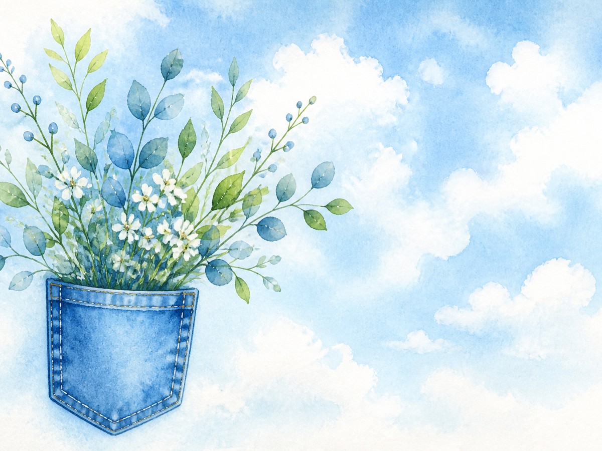 青空の下、デニムのポケットから草花が広がる水彩イラスト