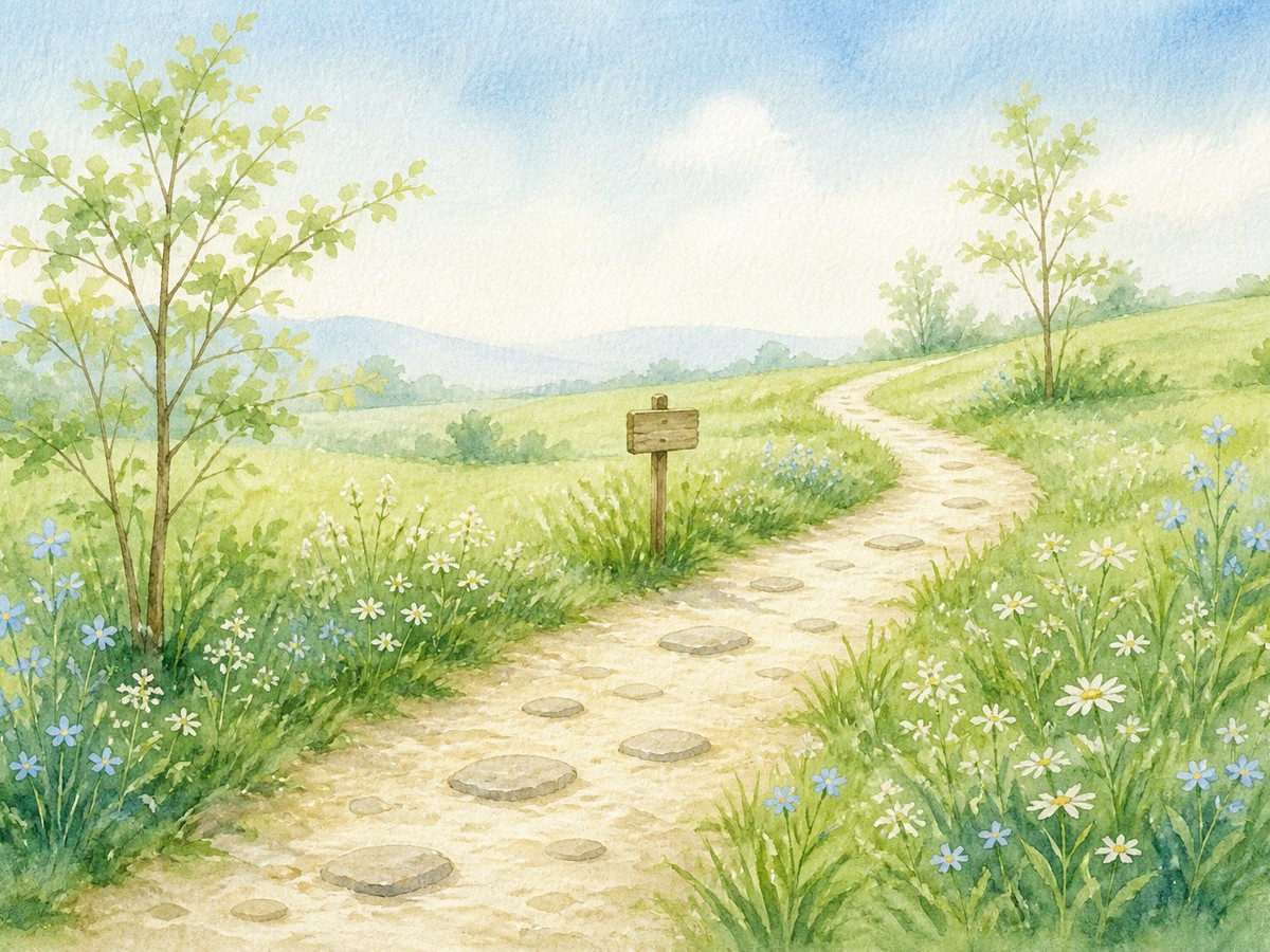 草原を抜けて続く小道と道標の水彩イラスト