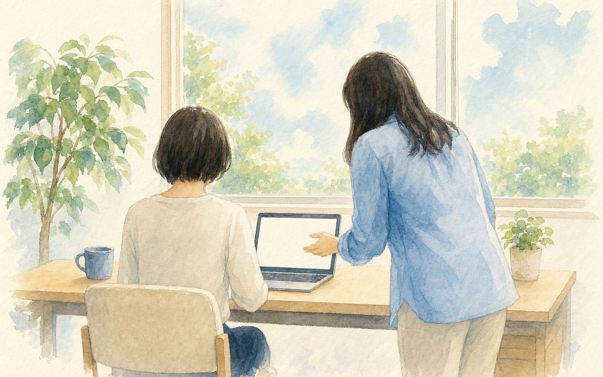 窓辺の机でノートパソコンに向かう人と、そばに立って画面を示しながら教えるスタッフを後ろから描いた水彩イラスト